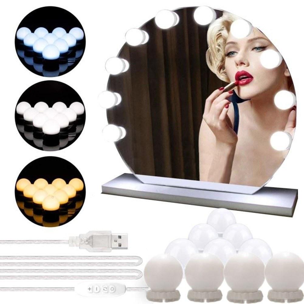 3 Lighting Modes Vanity LEDs Mirror Lights Kit with 10 Bulbs Adjustable 10 Brightness USB Mirror String Light for Makeup Dressing Table
