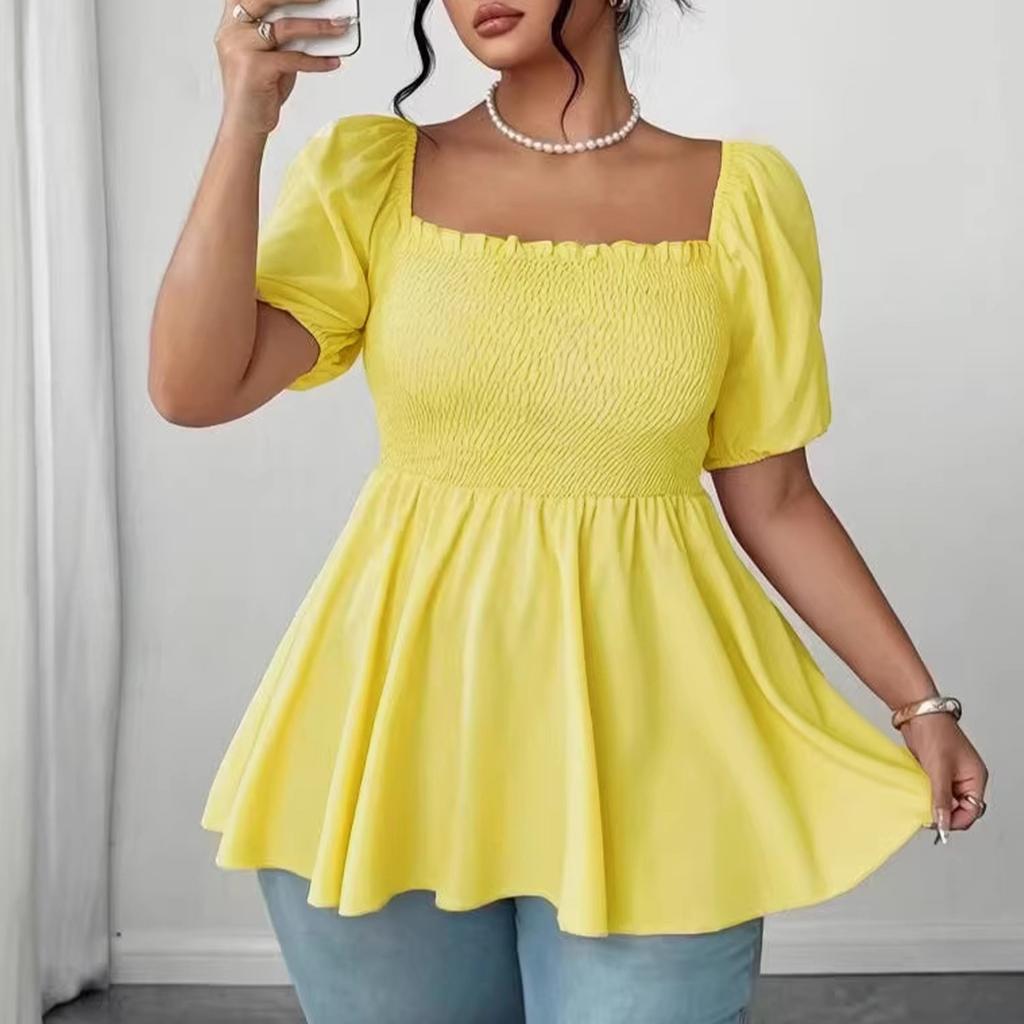 Plus Size Women's Smocked Waist Peplum Top Square Neck Puff Sleeve Casual Blouse Lightweight Comfortable Soft Fabric