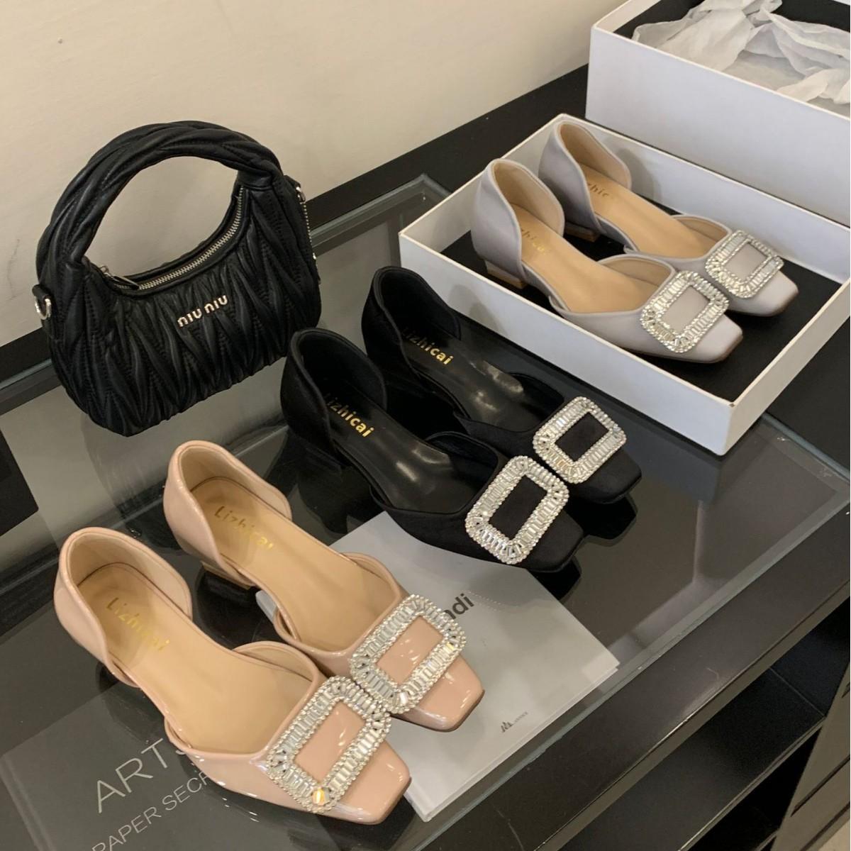 

2025 new thick heel rhinestone buckle versatile hollow satin OL professional commuter work women s single shoes 39 серебряный