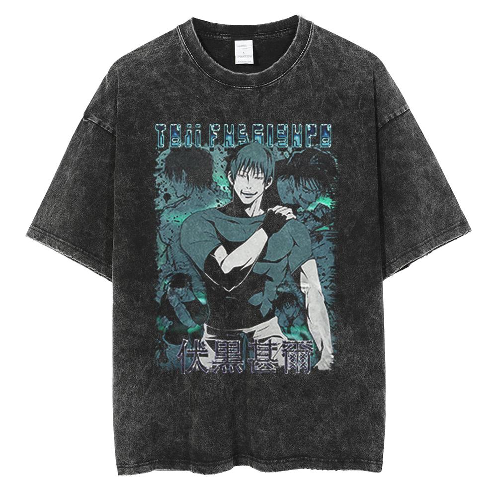 Hot Anime Jujutsu Kaisen Gojo Satoru Graphic Washed T-shirt Men Casual Cotton Tshirts Manga Tee Harajuku Male Vintage T Shirt