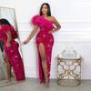 New Fashion Banquet Sequin High Slit Maxi Skirt Slanted Shoulder Party Evening Dress