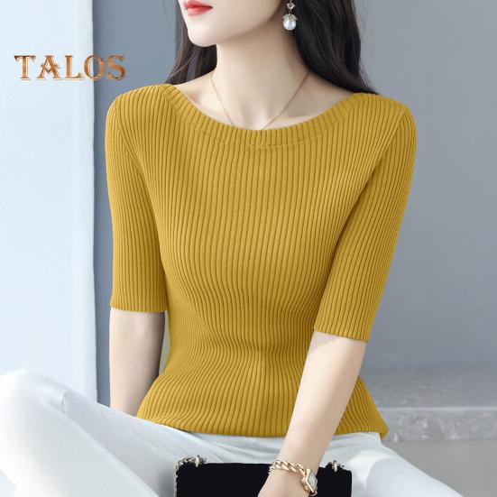 Women Tops Slim Fit Solid Color Ribbed T-Shirt Round Neck Half Sleeve Elastic Pullover Tops Daily Wear