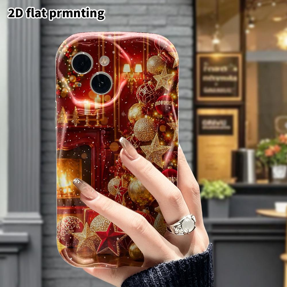 Phone Case: 2D Flat, Fits iPhone 12 Pro, 13, 14, 15, 16, 17, 18, Phone Decoration, Red and Gold Christmas Theme for Indoors, Perfect Holiday Gift for
