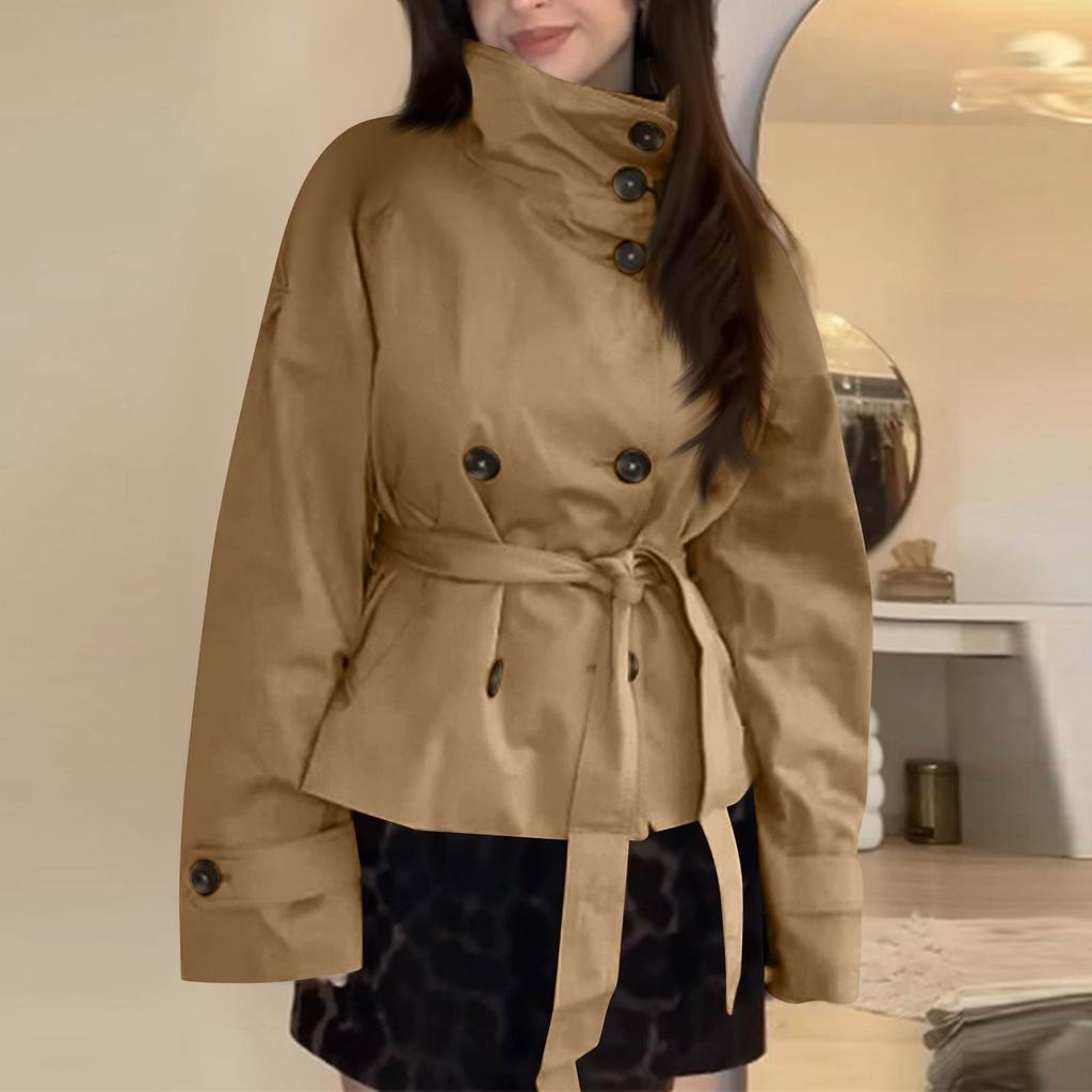 Women's Fashion Stand Collar Double-Breasted Waist-Defining Belted Short Trench Coat