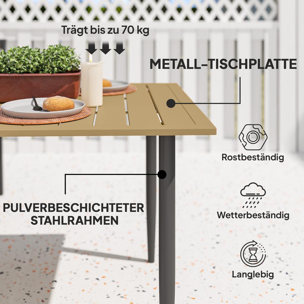 Garden Dining Table, 150 X 90 Cm Rectangle Outdoor Table with 5 Cm Parasol Hole, Slatted Tabletop and Steel Frame for Patio Balcony