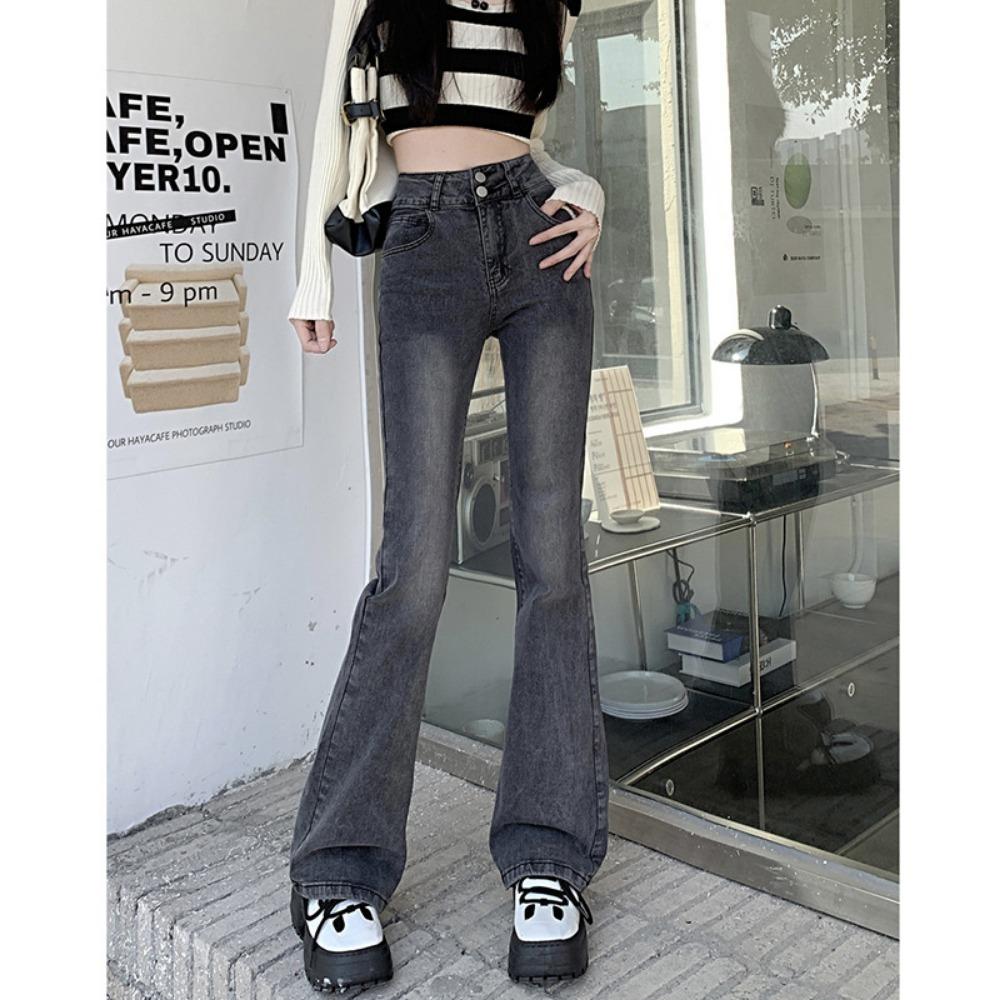 

Personalized American double-button micro-flared jeans for women s spring and autumn new high-waisted and thin Spice Girls mopping horseshoe pants XL