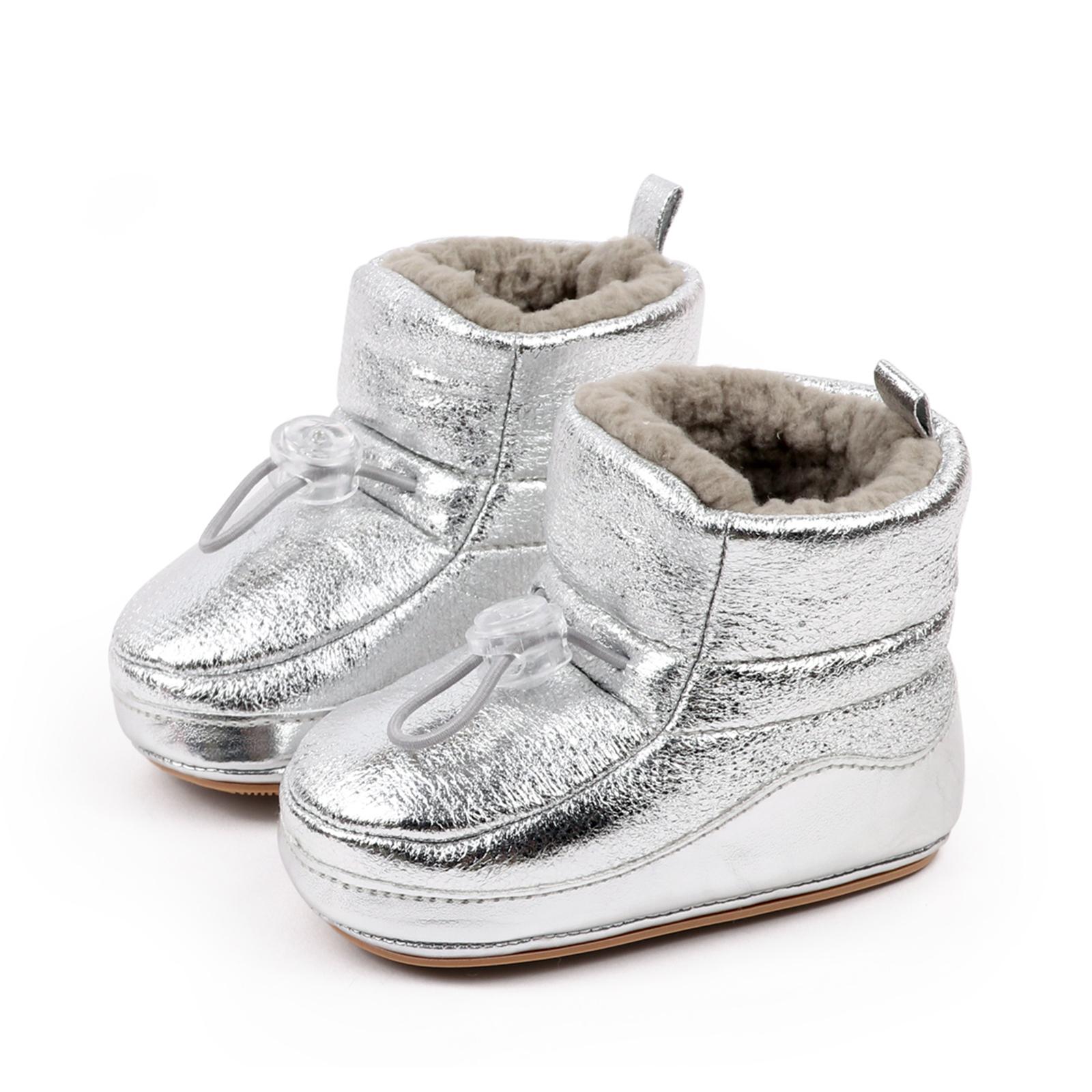 Baby Metallic Winter Booties Fleece Lined Soft Non-slip Drawstring Warm Walking Shoes Boots for Infant Boy Girl 12  0-6Months серебряный