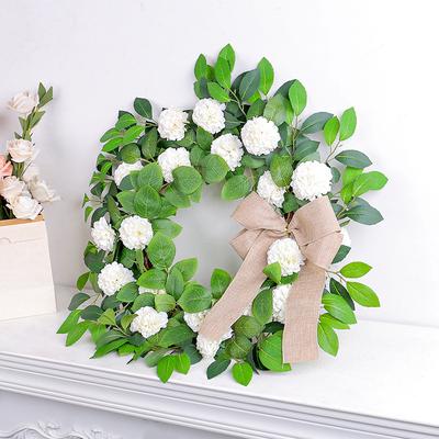 Summer Simulation White Hydrangea Flower Ring Decoration Small Hydrangea Flower Green Leaf Door Hanging Outdoor Rattan Wall Hanging