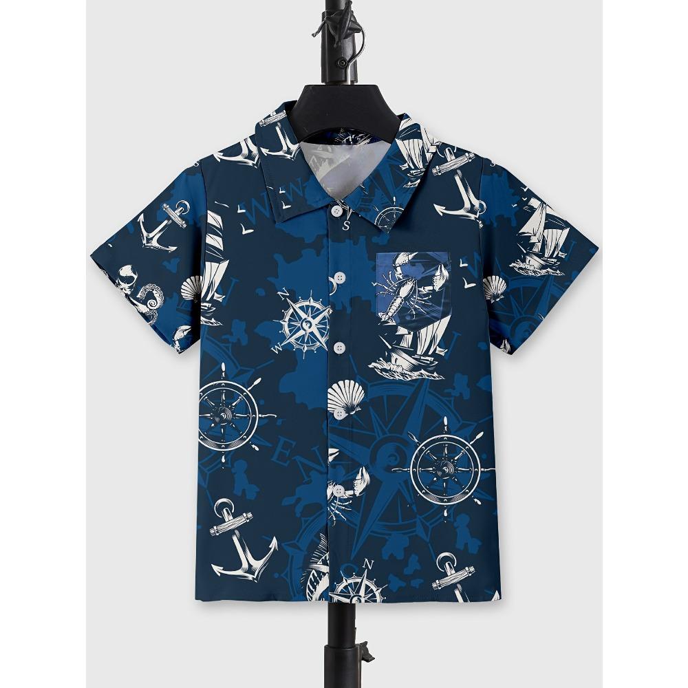 Hawaiian Beach Camping Bus Print Boys Novel Casual Short Sleeve Lapel Shirt Children Tops Clothes Comfortable Casual Wear