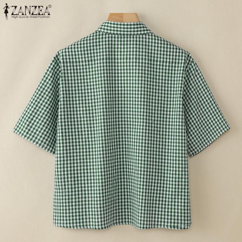 ZANZEA Women Turn Down Collar Loose Plaid Print Short Sleeve Blouse