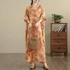 Dimanaf 2025 Plus Size Summer Women Printing Long Dress Short Sleeve Vintage Casual Linen V-Neck Basic Loose Dress