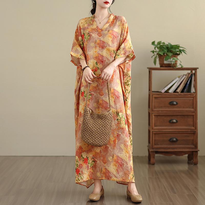 DIMANAF 2025 Plus Size Summer Women Printing Long Dress Short Sleeve Vintage Casual Linen V-Neck Basic Loose Dress