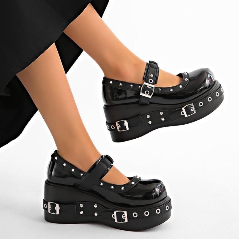 Punk Platform Mary Jane Shoe for Women Black Patent Leather Wedge Heel Loafers Woman Thick Sole Rivet Buckle Gothic Lolita Shoes