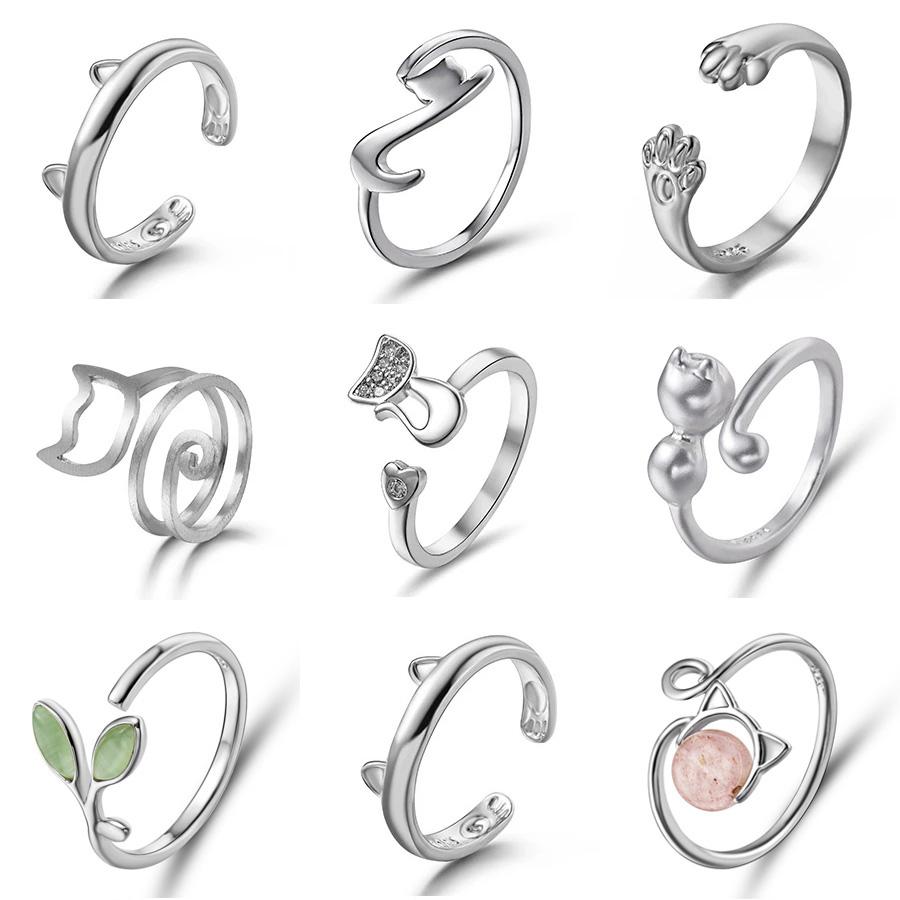 Fashion Women Finger Rings Pet Dog Paw Cat Ears Leaves Open Design Minimalist Ring Wedding Party Adjustable Ring Zircon Gift