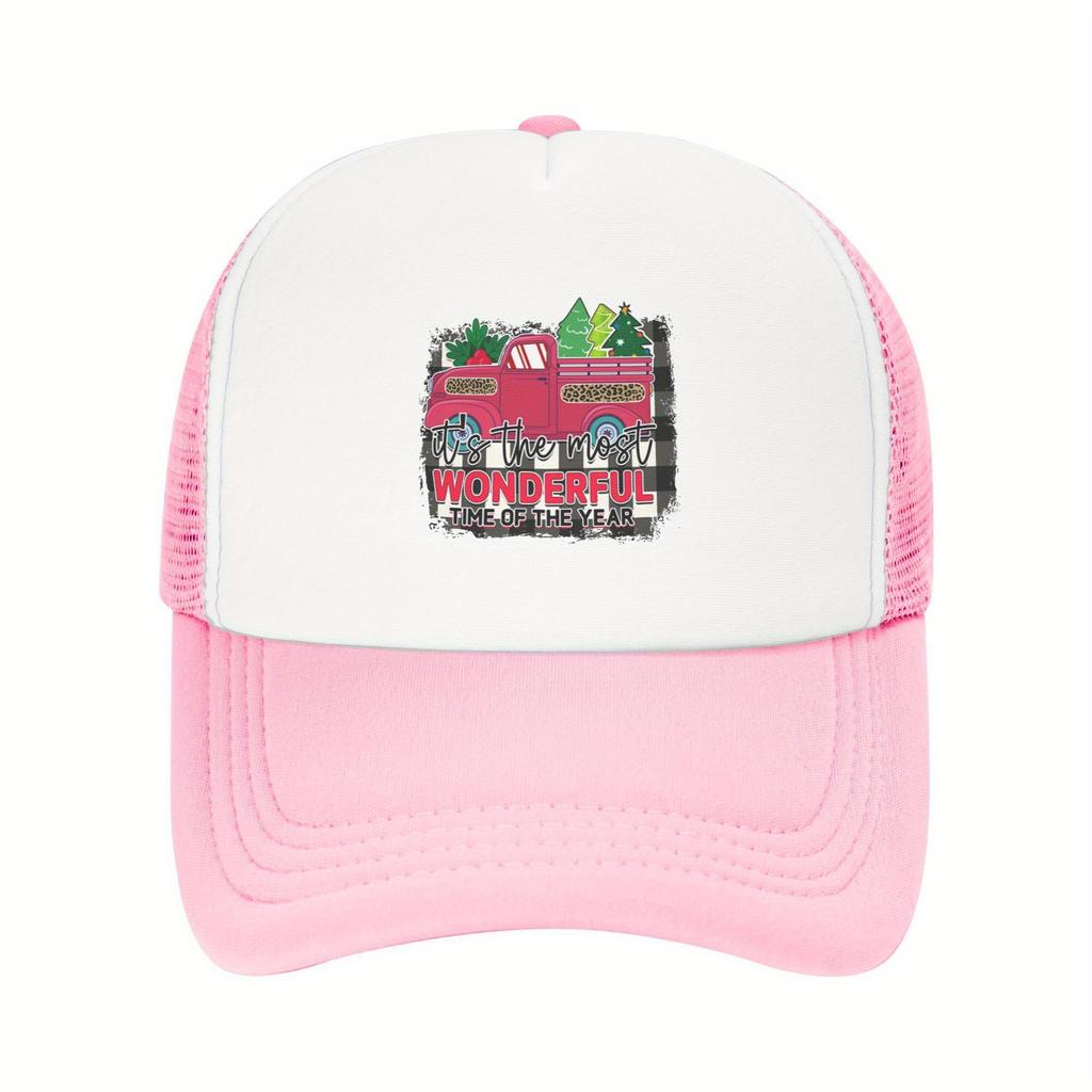 Wonderful Time of Year Christmas Trucker Hat Festive Red Truck Mesh Baseball Cap Breathable Adult Snapback