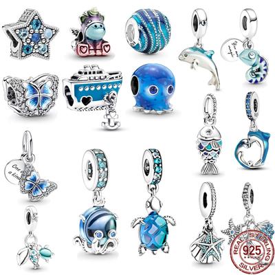 Blue Ocean Series 925 Sterling Silver Chobotnice Turtle Mořská ryba Visací přívěsek Korálkový Fit Originální módní náramek DIY šperky