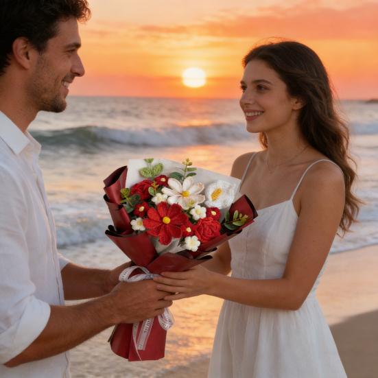 Künstliche Blumen Handgemachte Häkelblumenstrauß Weiches Baumwollgarn Keine Pflege Flexible Stiele Künstliche Rosenblume Hochzeitsdekoration