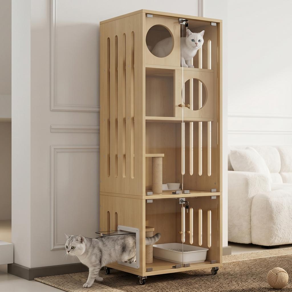 Cat Villa, Cat Enclosure, Cat Furniture, Large Chinchilla Cage, Glass Cat House with Wheels, with Key, with Cat Flap, Natural Wood Color, 60x50x156cm