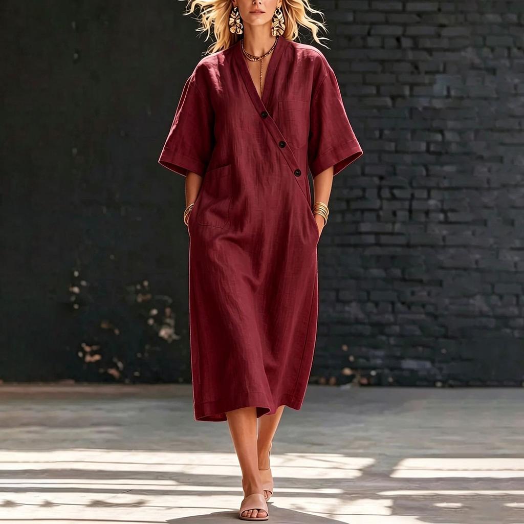 Women’s Loose Fit Linen Midi Dress V Neck Short Sleeve Button Front Casual Oversized Dress with Pockets for Everyday Wear