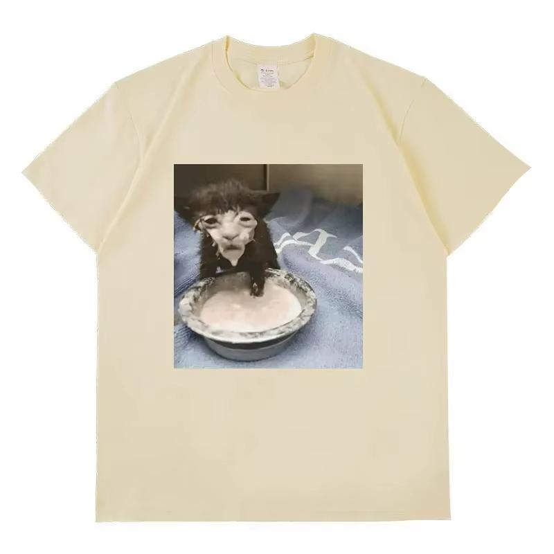 2025 Summe Milk Face Cat Meme Print T Shirt Weird Humor Funny Cat Graphic Mens Women Fashion 100 Pure Cotton Printed Tshirt