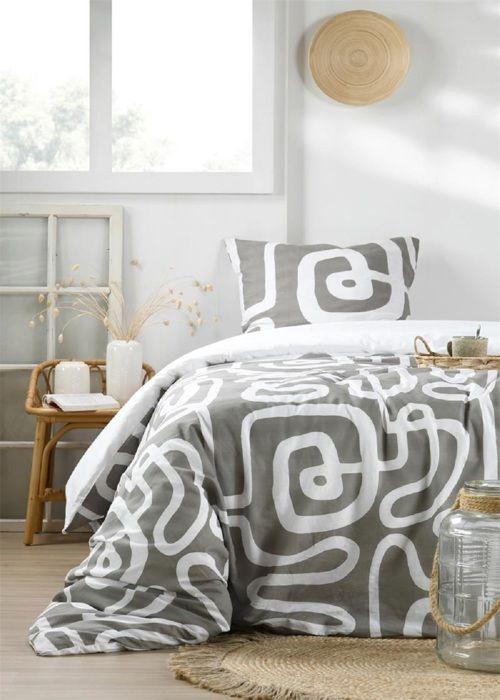 Housse de couette + taies - Geopinto - 100% coton - 140x200cm - Gris