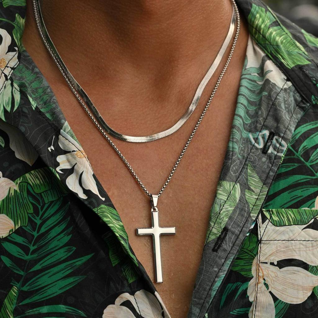 2pcs Punk Cross Necklace for Men BoysStainless Steel Stacked Chain Necklace,Male Sweater Chain Gift