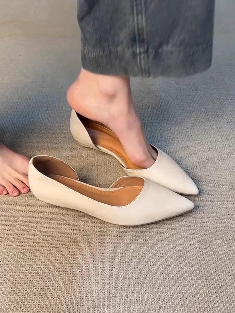 Cowhide Version~ Minimalist Style Pointed Head Shallow Mouth Side Empty Single Shoes Women's 2025 New Summer and Autumn Versatile Low-heeled Commut