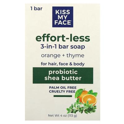 Kiss My Face, Effort-Less 3-in-1 Bar Soap, Orange + Thyme, 1 Pack, 4 Oz (113 G)