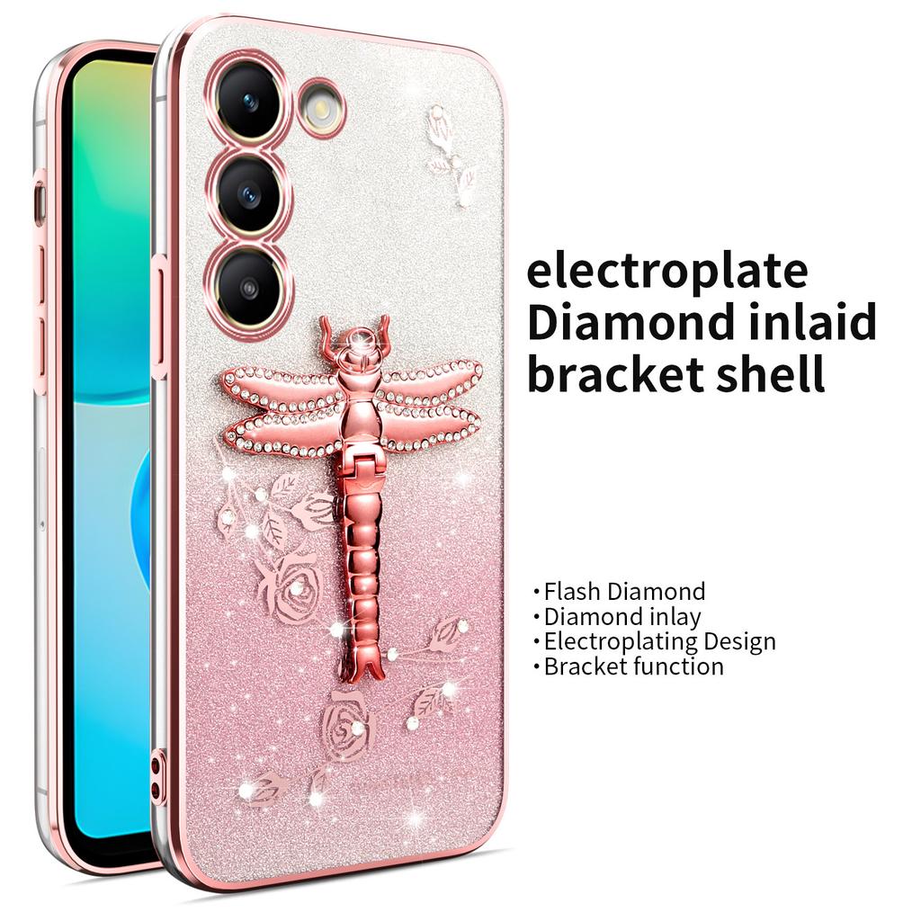 For Samsung Galaxy S23+ Case Dragonfly Kickstand TPU Flowers Glitter Phone Cover