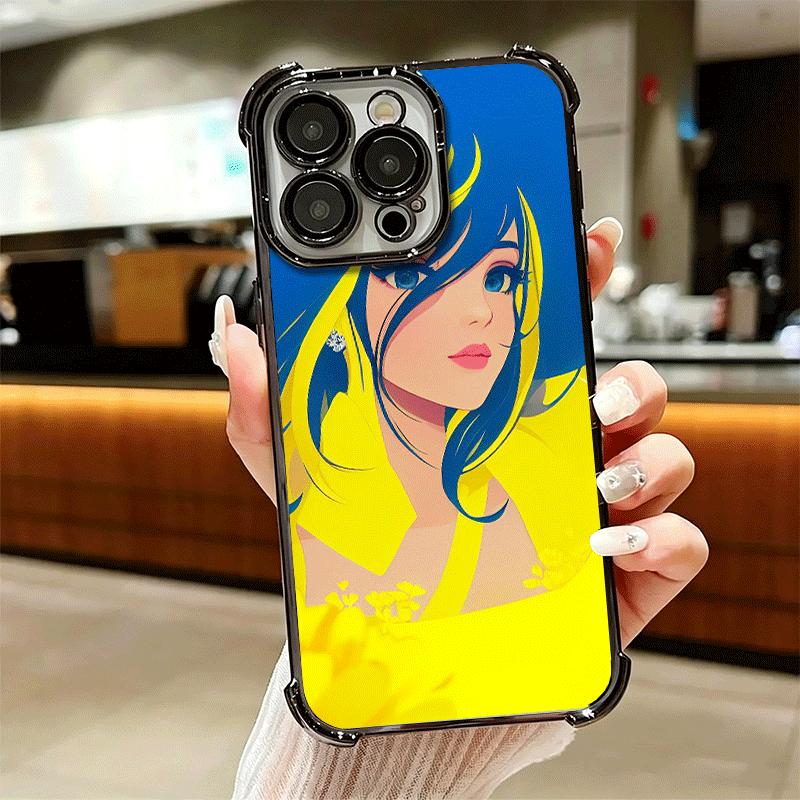 Blue Yellow Ukrainian Girl Plating Phone Case For Iphone 16 17 Pro Max Air 16E 14 15 Plus 12 13 Mini Anti-Fall Airabag Cover