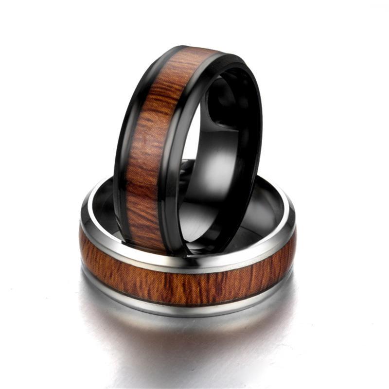 Wood Steel Men's Tungsten Stainless Steel Ring Silver Band Inlaid 8mm