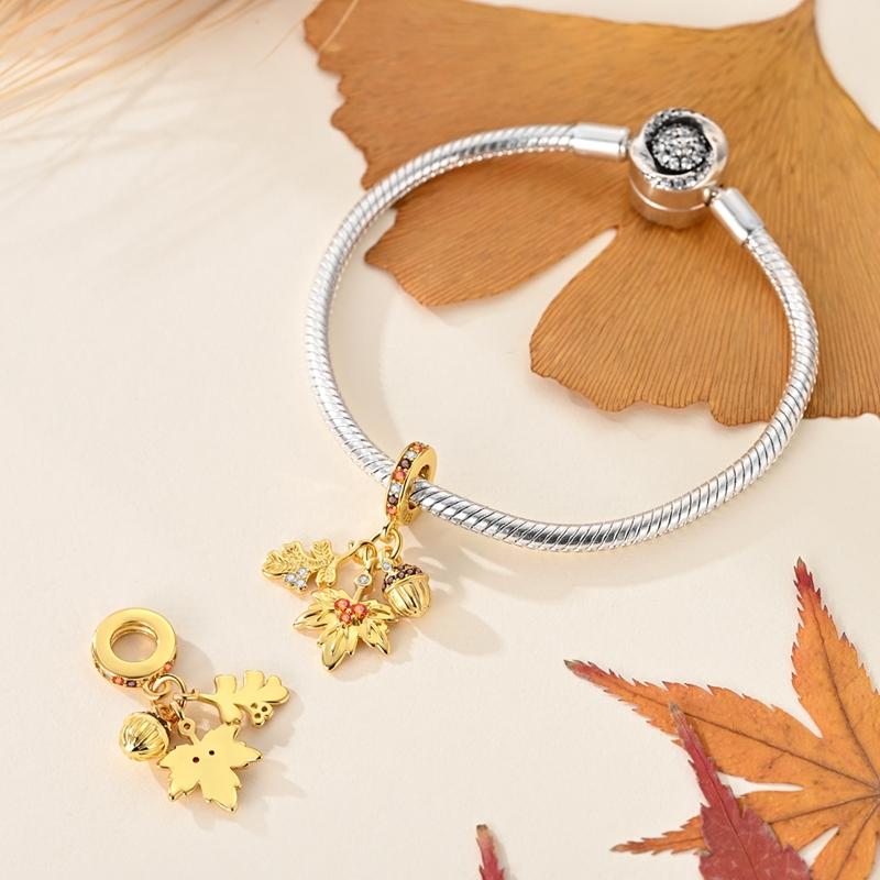 Gold Plated Charm Bead Charms Copper Authentic Fall Maple Leaves Sunflower Charm Bead Charms Pendant Compatible With Bracelets Diy Woman Jewellery Mak