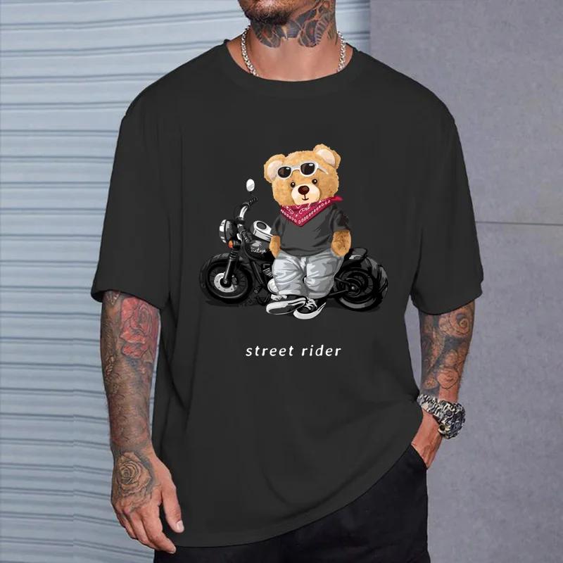 Motorcycle Lovers Street Teddy Knight Print T-Shirt Men's Loose Casual Short Sleeve Summer 100% Cotton Clothing in 2024