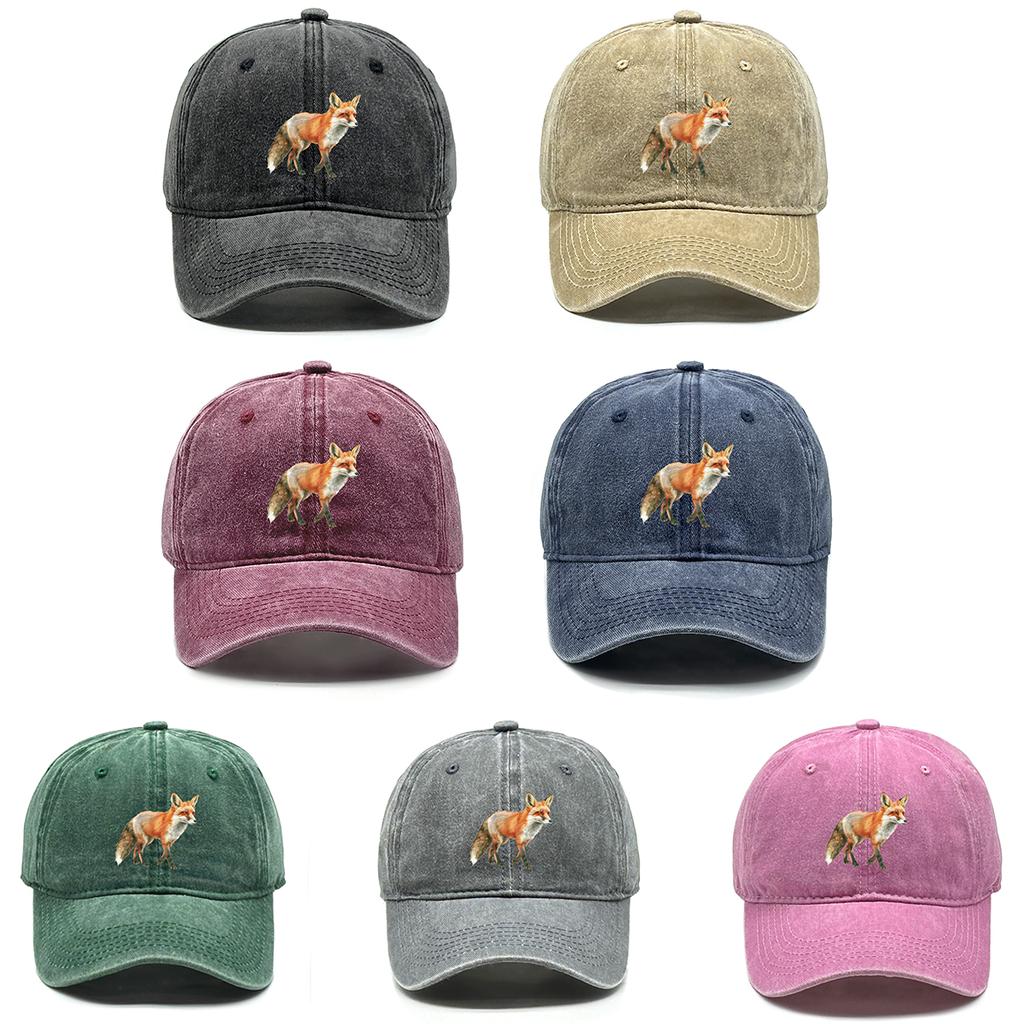 1 pcs Fox Print Snapback Hat Washed Cotton Caps For Woman Retro Vintage-Inspired Adjustable Caps Ideal Choice For Casual Cap