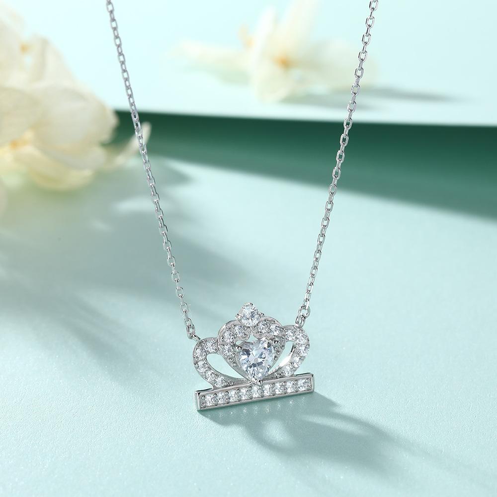925 Sterling Silver Crown Necklace Female European and American Fashion Princess Heart-shaped Zircon Pendant Love Collarbone Chain