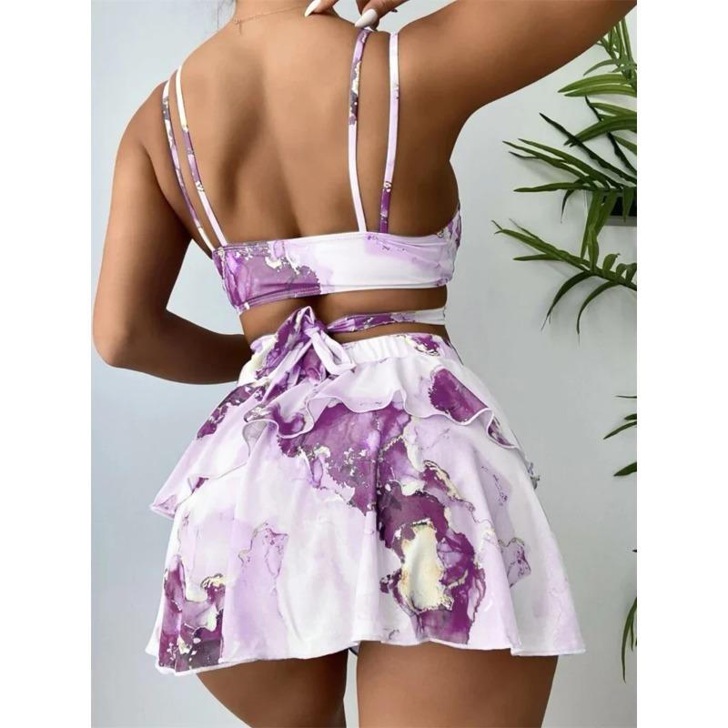 Sexy Bikini 2025 Mujer Skirt Swimsuit Women Blue Marple Print Cover Up 3 Piece Swimwear Beach Bathing Suit Swimming Suit Biquini