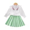 Dziewczęcy Zestaw Modowy, Wiosenny Dziecięcy Słodki Haftowany Top z Długim Rękawem, Plisowana Spódnica