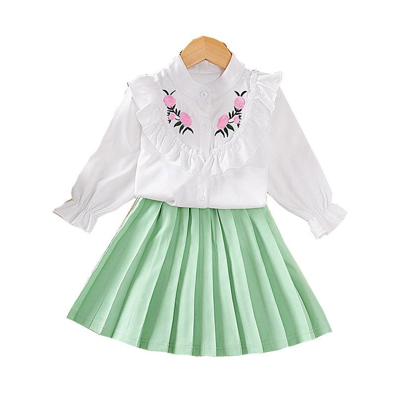 Mädchenmode-Set, Süßes besticktes Langarm-Oberteil für Kinder im Frühling, Plissee-Rock