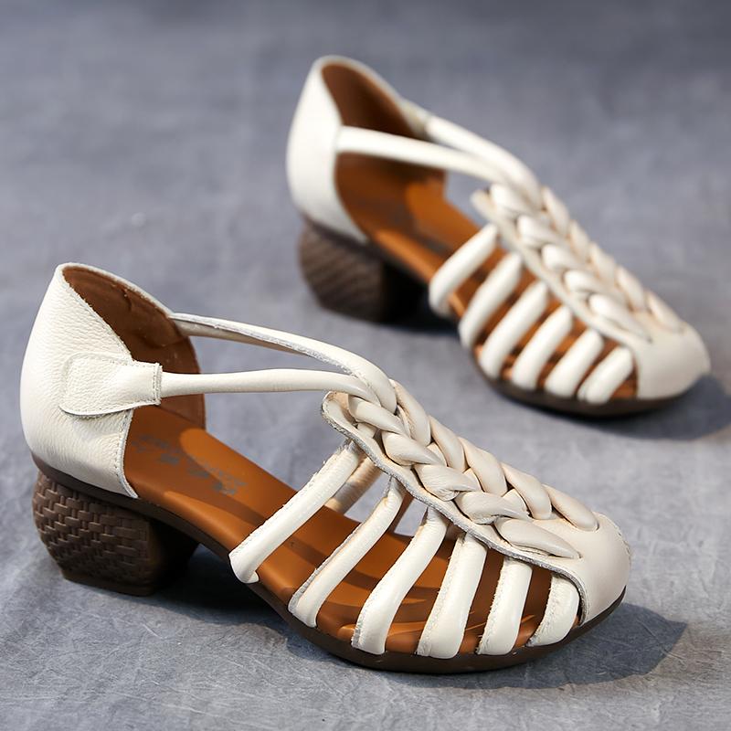 Fashion GKTINOO Women Sandals 2024 New Summer Retro Women Shoes Genuine Leather Buckle Strap Casual High Heels Handmade Ladies Sandals