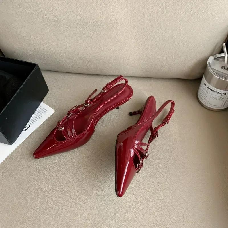 

Модная женская обувь 2024 года, новые туфли на высоком каблуке с открытой пяткой, женские туфли-лодочки Мэри Джейн с острым носком, с пряжкой и ремешком, на тонком каблуке, женские 39 красный