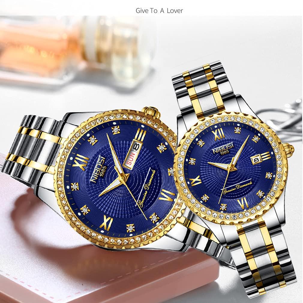 Popular Matching Watches for Men and Luxury Watch Set with and Classic Stainless Perfect for Weddings or As a Couple's Watches, Women, Diamonds, Gold,