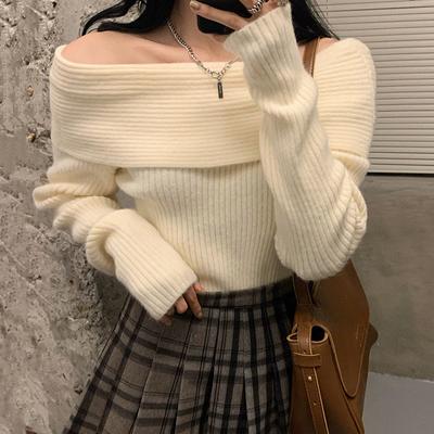 Off Shoulder Sexy Pullovers Sweater for Women Autumn Winter Fashion Long Sleeve Base Knitted Sweaters Women Slash Neck Casual Knitwear Jumpers 25358