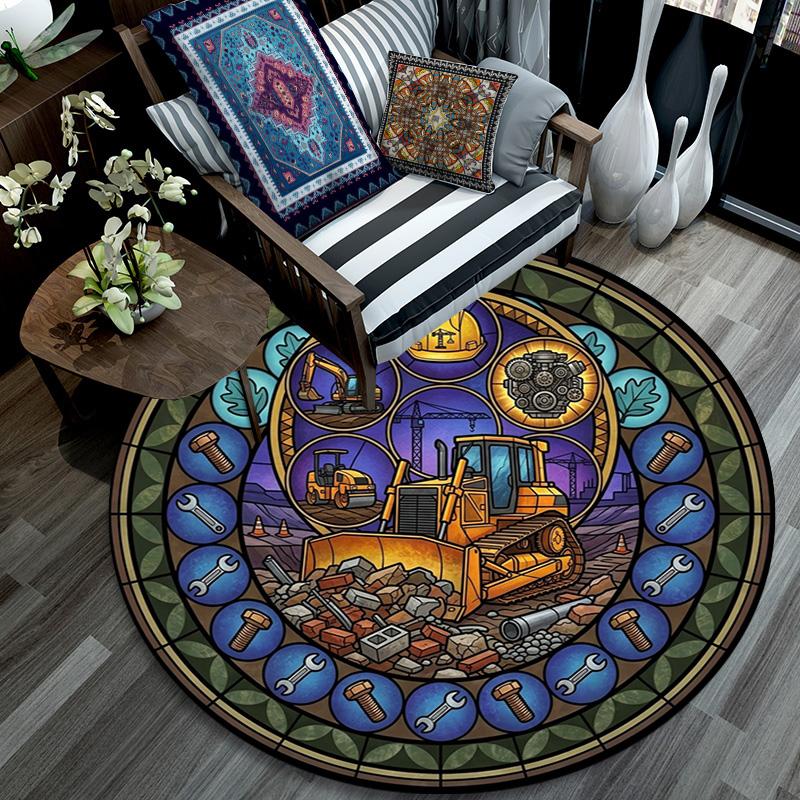 Construction Glass Round Area Rug Under Office Chairs Bedroom Living Room Home Decor 80cm x 80cm