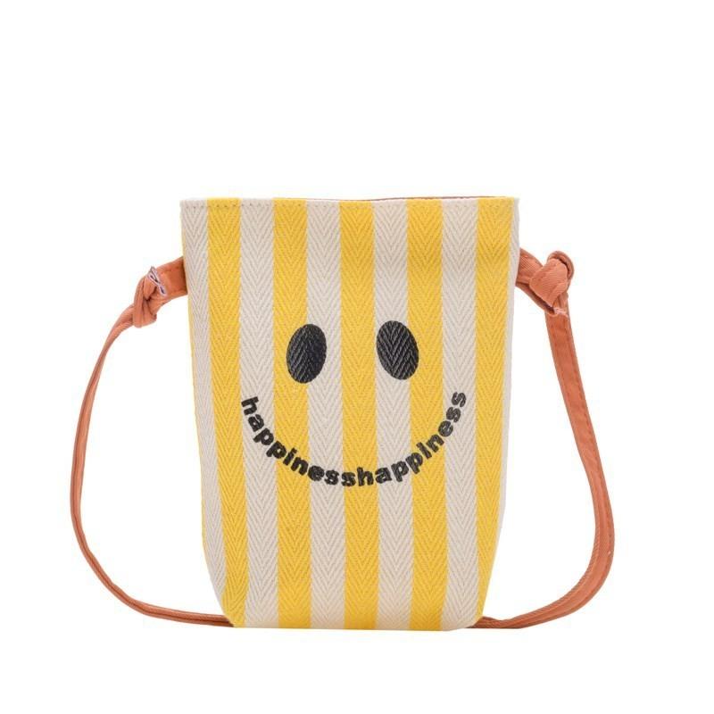 Stylish Mini Canvas Shoulder Bag For Kids With Cute Smiley Face And Striped Design