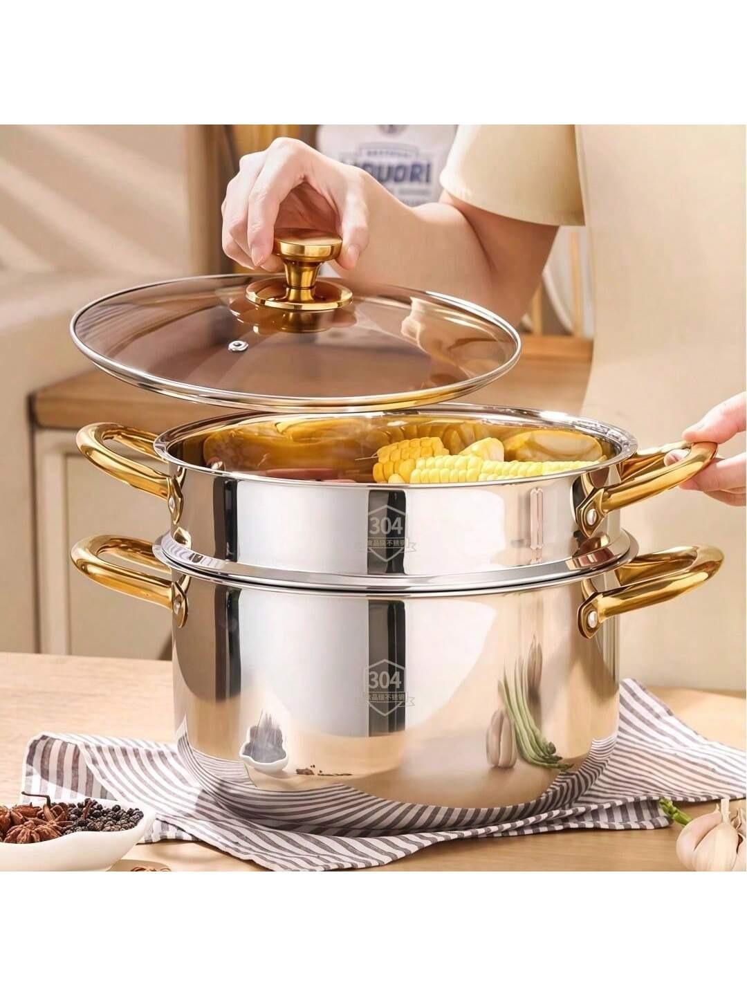 

2-Layer Stainless Steel Food Steamer Cooking Pot for Gas and Induction Stove for Home Kitchen Use