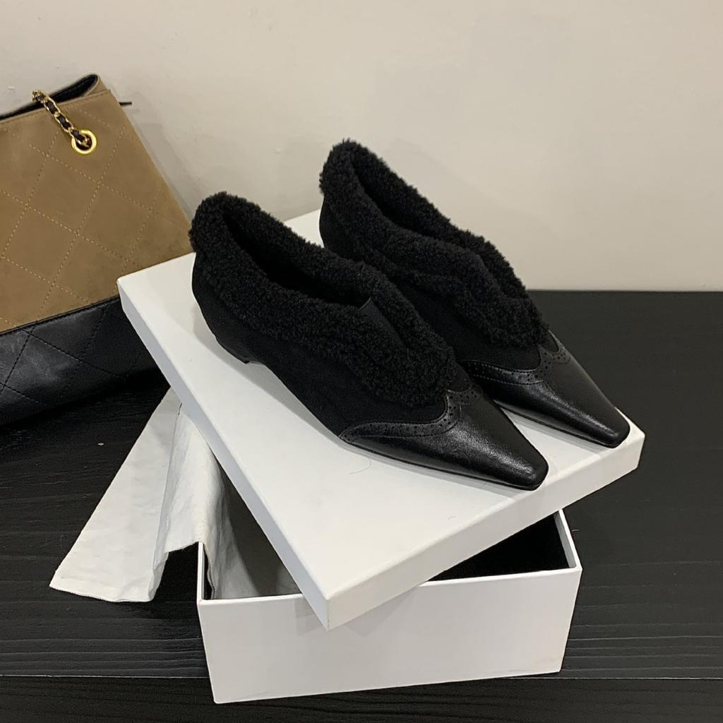 2025 New Inner Slope Heel Fluffy Splicing Thick Heel Carved Fleece Warm Women's Commuter Women's Single Shoes
