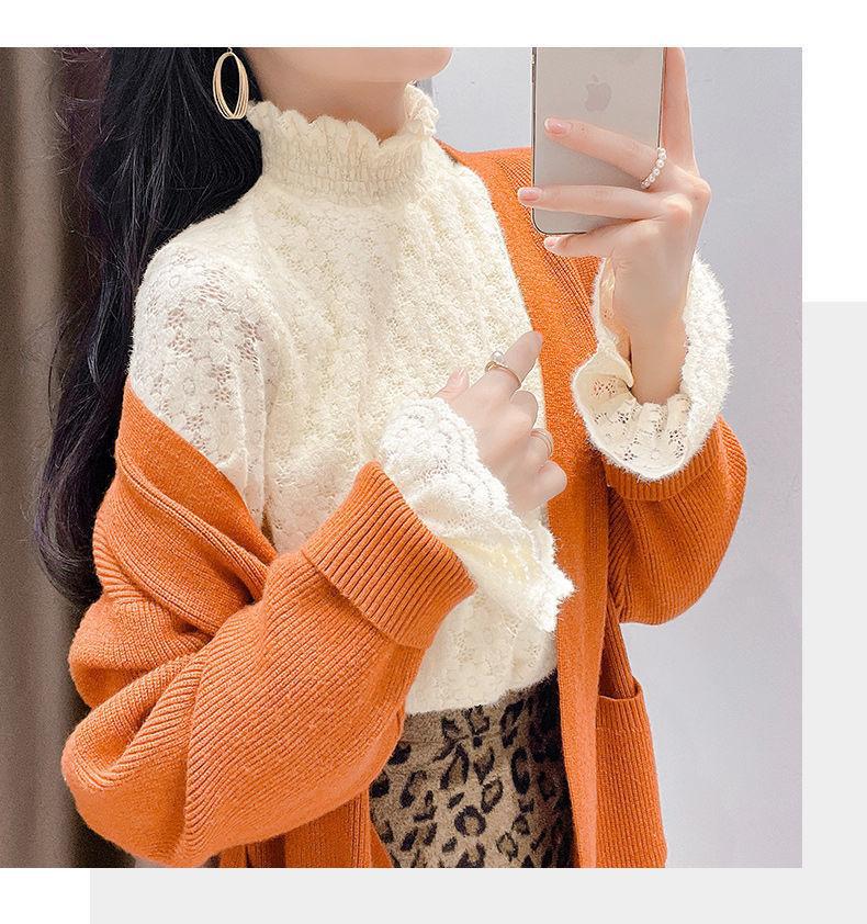 Women's Autumn/Winter 2120 Lace Fleece-Lined High Neck Base Layer Top - Fashionable, Thickened Innerwear 