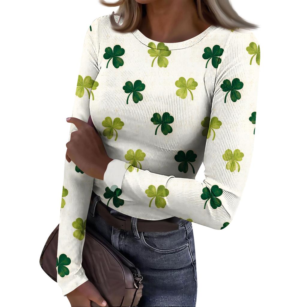 Women's And Winter Slim T-shirt Fashion Casual Printing Round Neck Pullover Long Sleeve Top