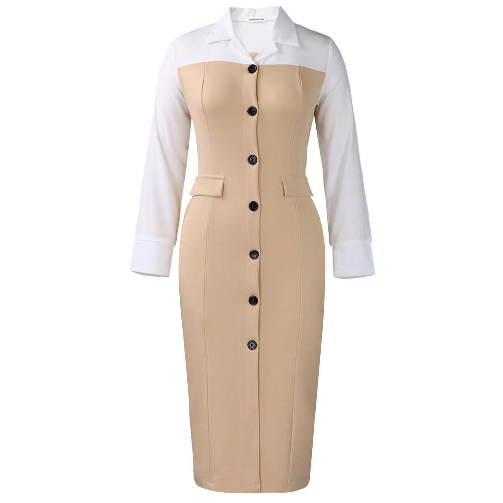 Women Elegant Business Long Sleeve Blazer Collar Patchwork Pencil Midi Dress