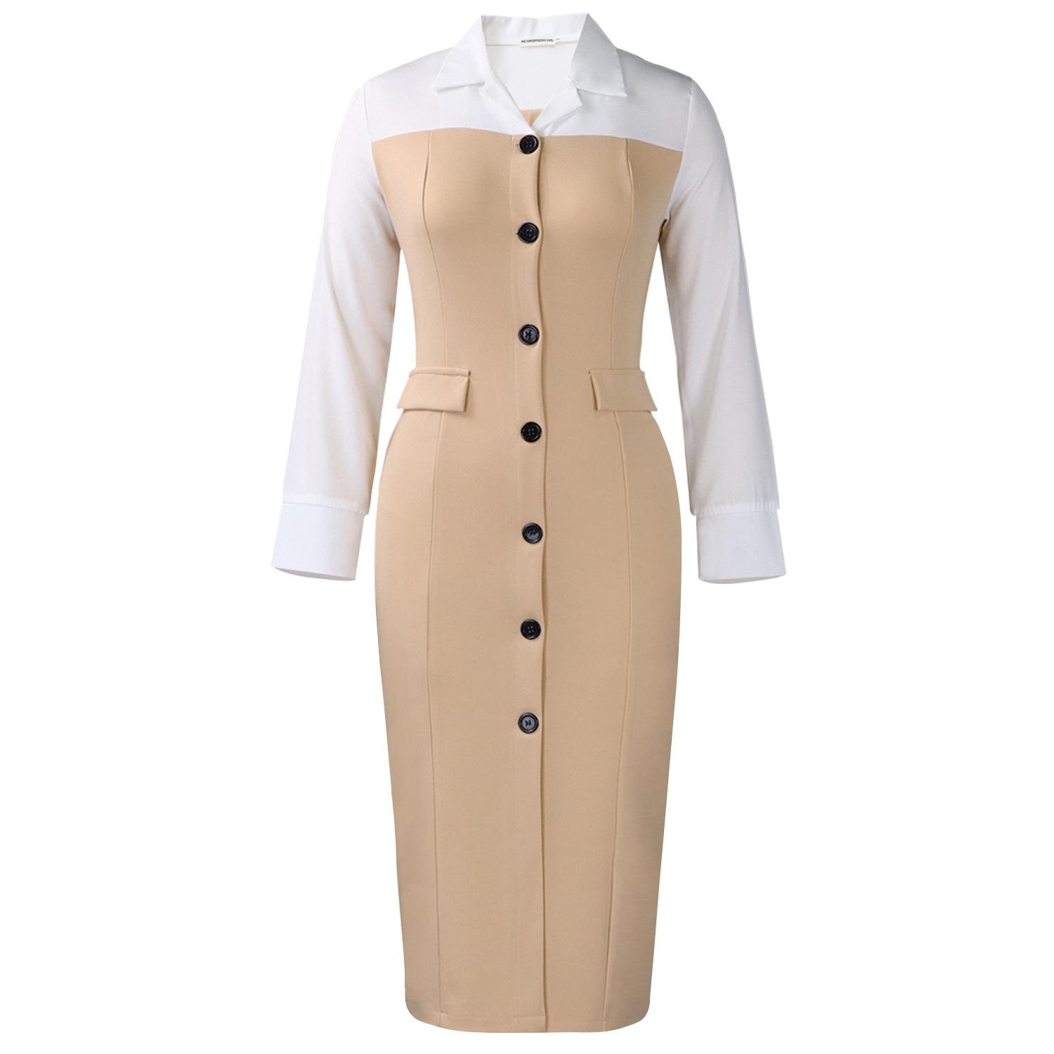 

New temperament commuter splicing women s shirt long sleeve dress S хаки